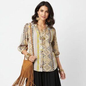 Anthropologie Fig & Flower Print Button 1/2 length Sleeve Blouse Top S Small